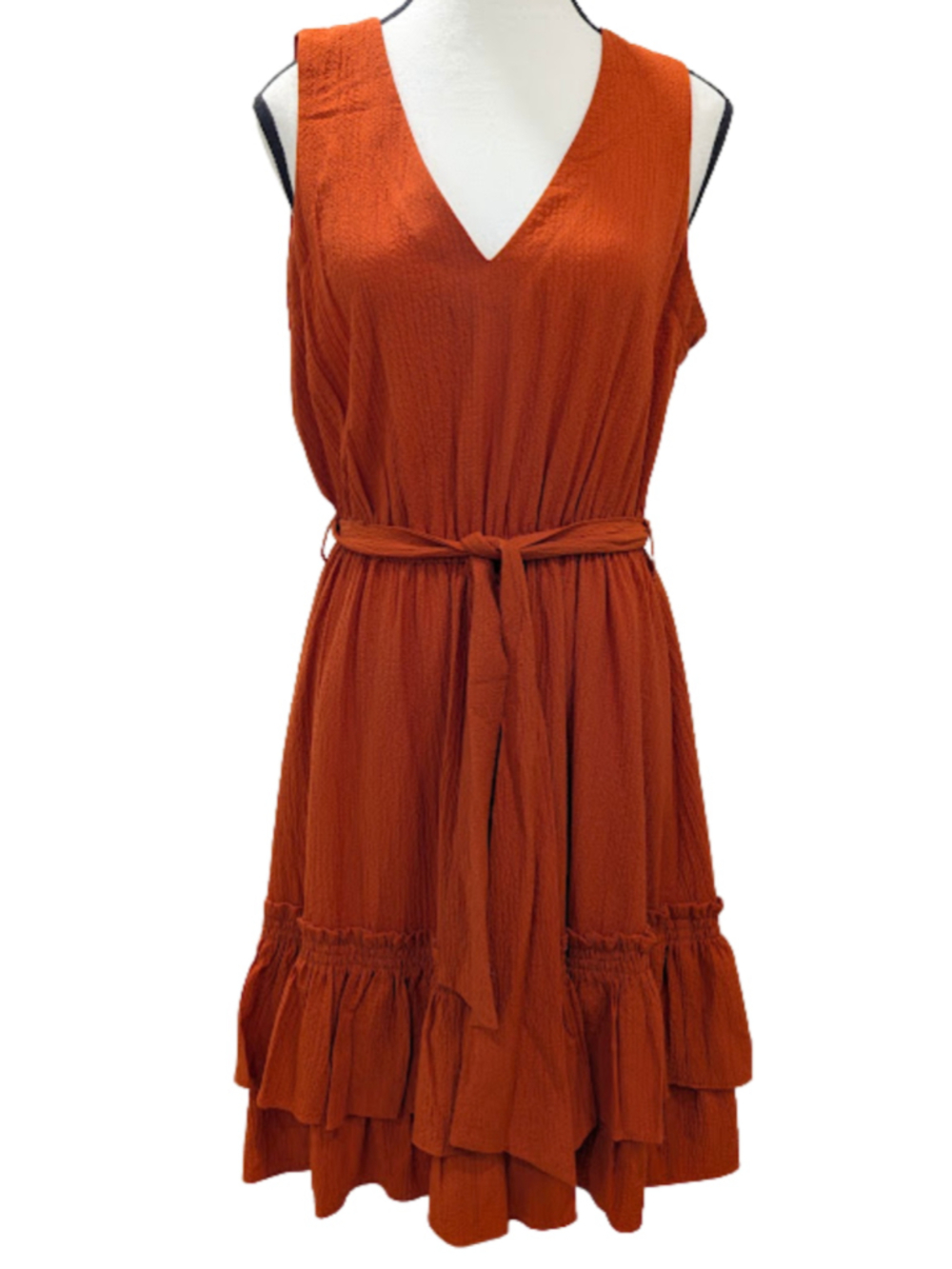Calvin Klein Dress Size 8 Rust Orange Tiered Ruffle Belted Boho Midi V-Neck Fit